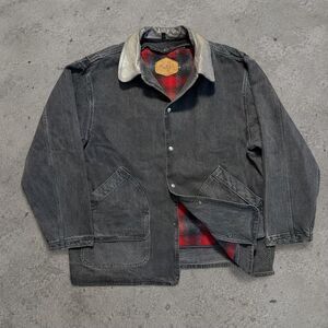 Vintage 1990’s Woolrich Black Chore Denim Coat Snap Up Flannel Lined Mens Sz XL
